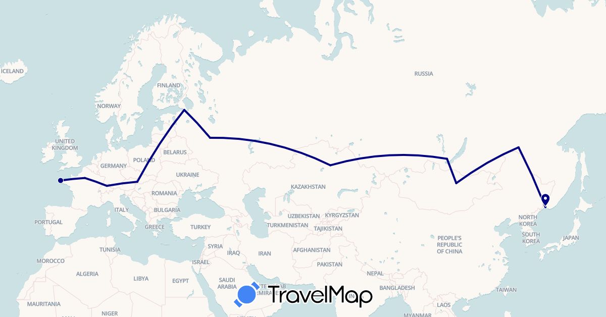 TravelMap itinerary: driving in Switzerland, France, Kazakhstan, Mongolia, Russia, Slovakia (Asia, Europe)